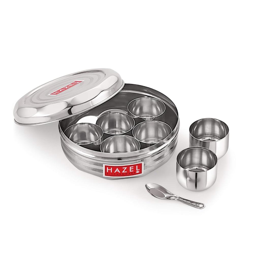 Stainless Steel Masala Dabba With 7 Wati And Small Spoon