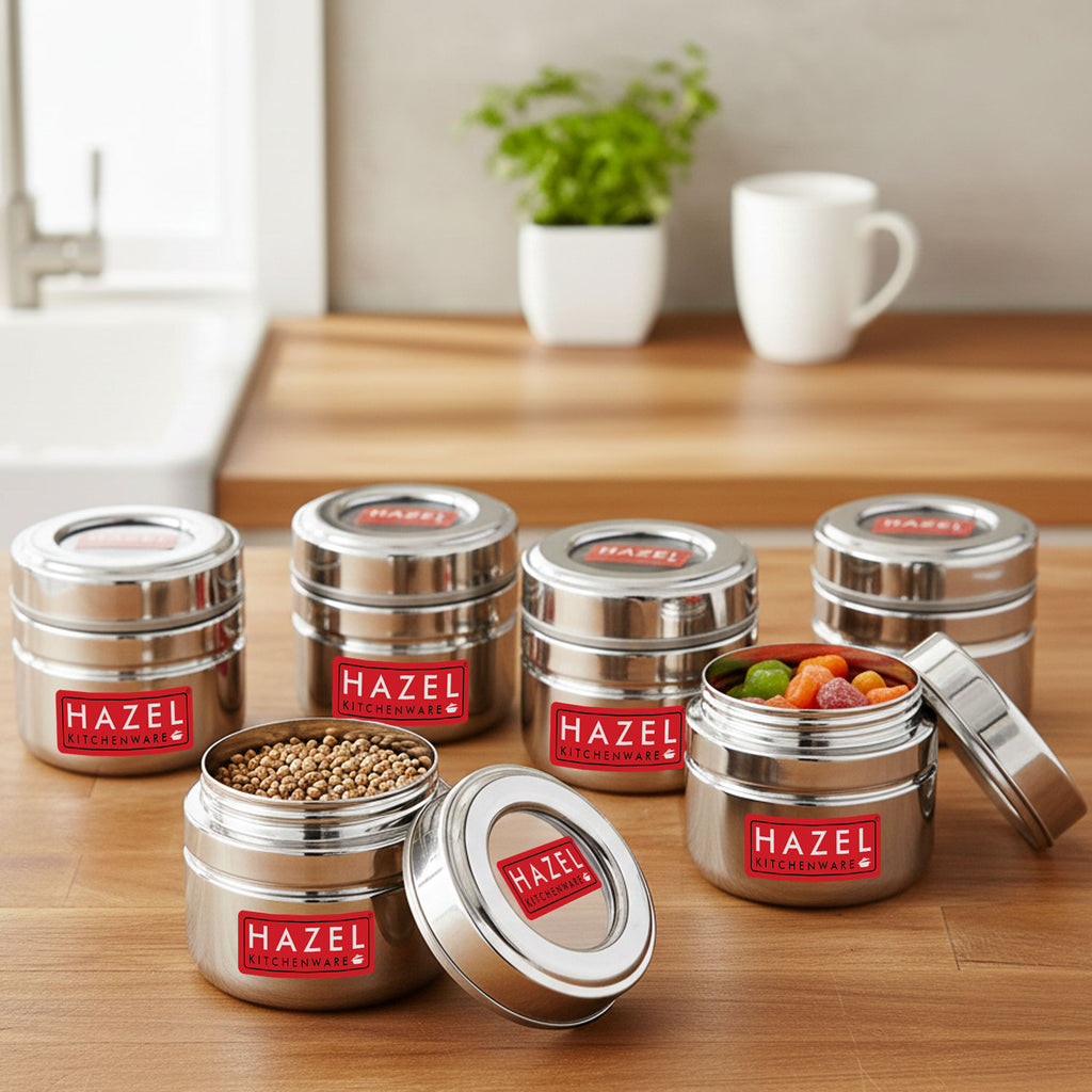 Stainless Steel Storage Containers with Transparent Lids, Set of 6 - 200 ML Each