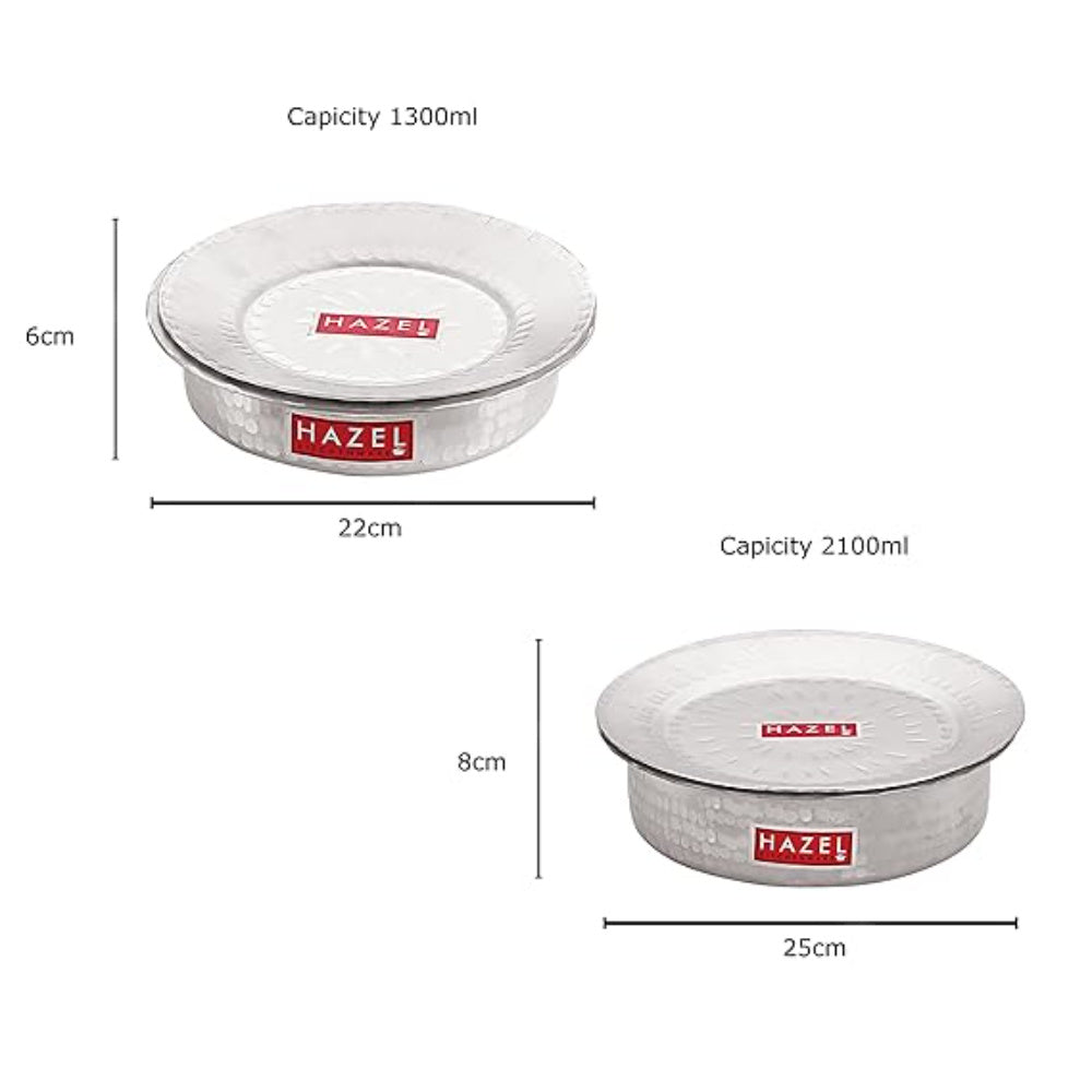 Two patilas annotated with dimensions 22 cm and 6 cm and 1300 ml and 25 cm and 8 cm and 2100 ml.