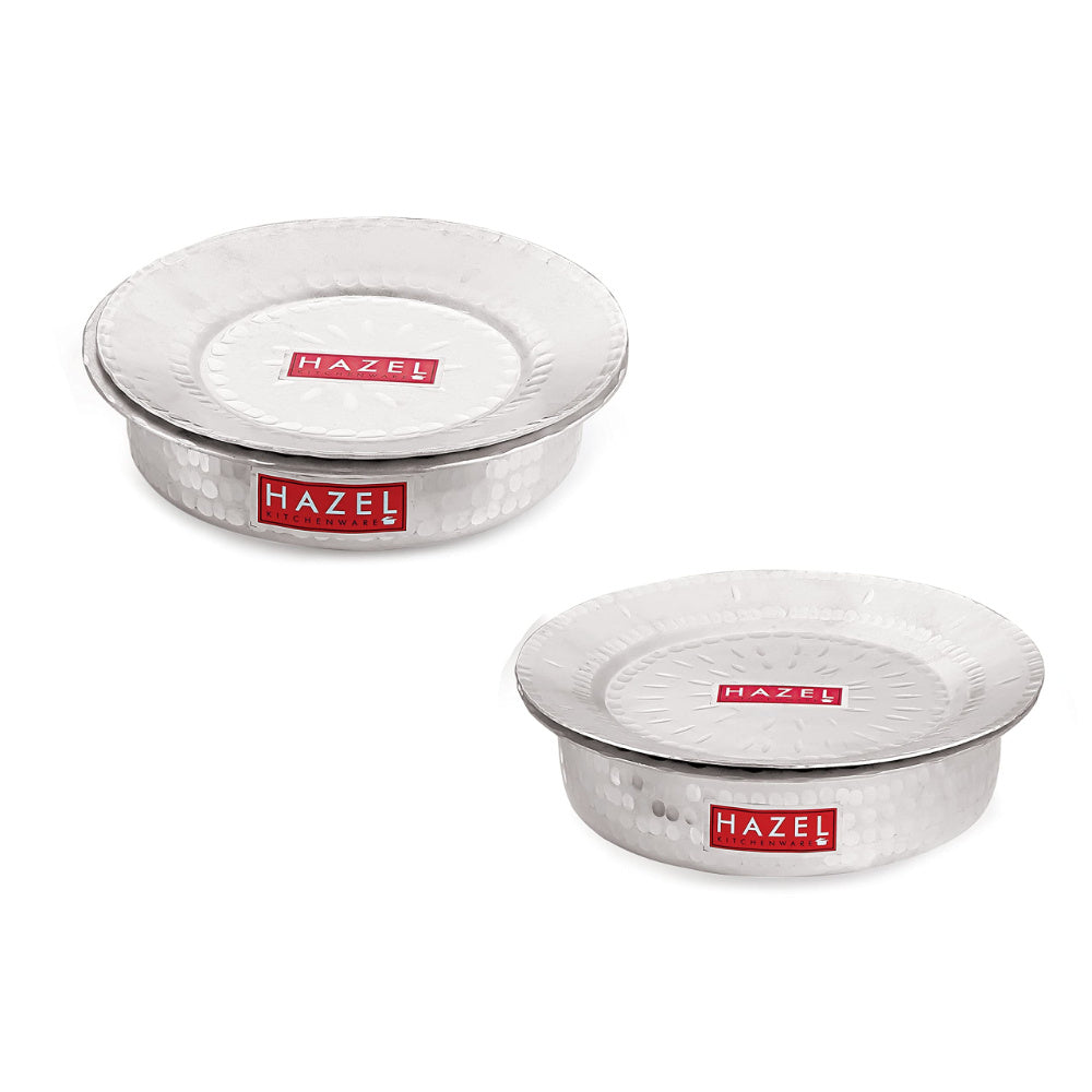 Two hammered aluminium bhagonas with lids, shown in two sizes side by side on a white background.