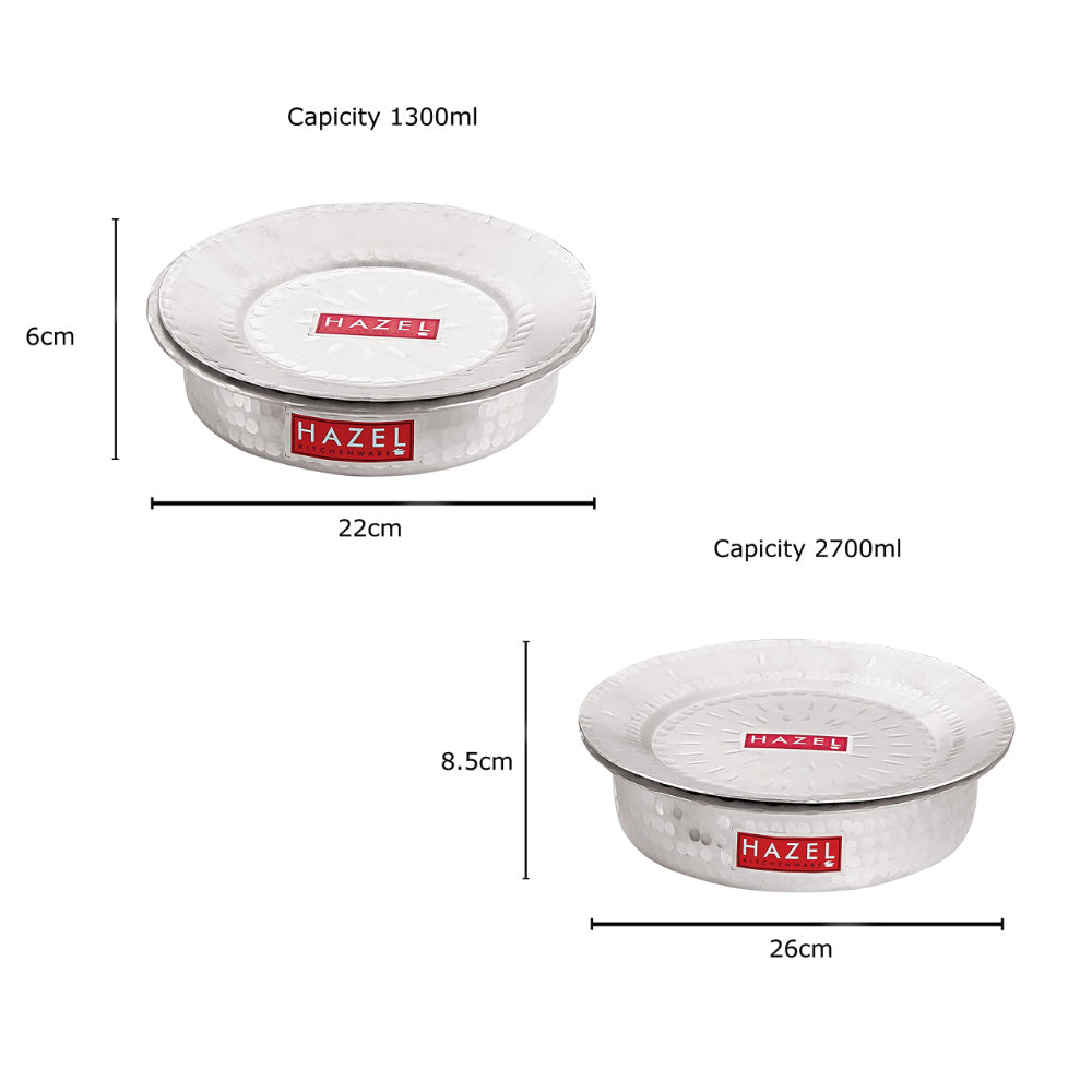 Two bhagonas annotated with capacity and dimensions: 1300ml (22cm x 6cm) and 2700ml (26cm x 8.5cm).
