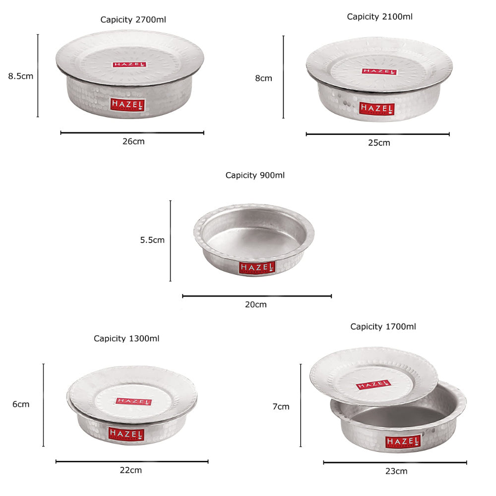 Aluminium Hammered Patila with Lid – Set of 5, (900, 1300, 1700, 2100, 2700 ML)