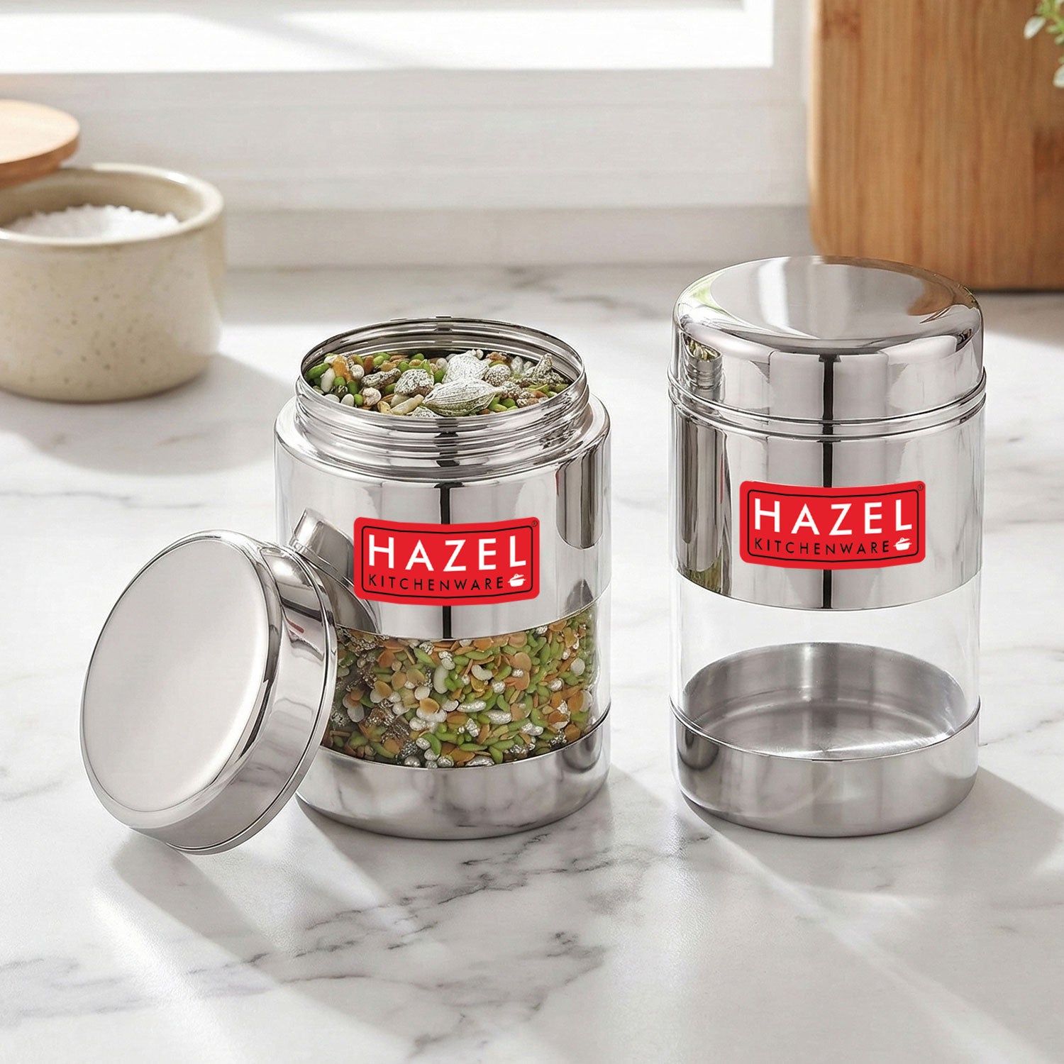 Airtight Stainless Steel Mukhwas Container with Transparent Lid, 170ml - Set of 2