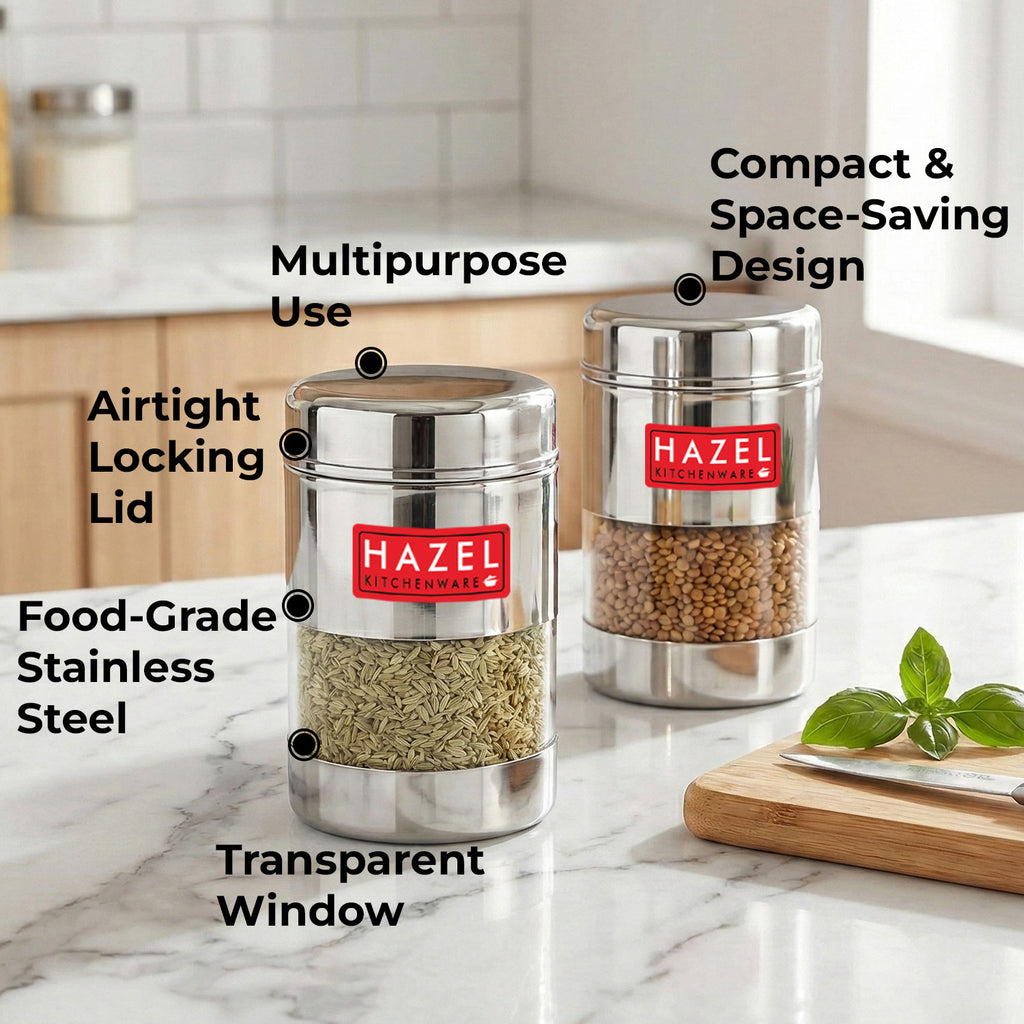 Airtight Stainless Steel Mukhwas Container with Transparent Lid, 170ml - Set of 2
