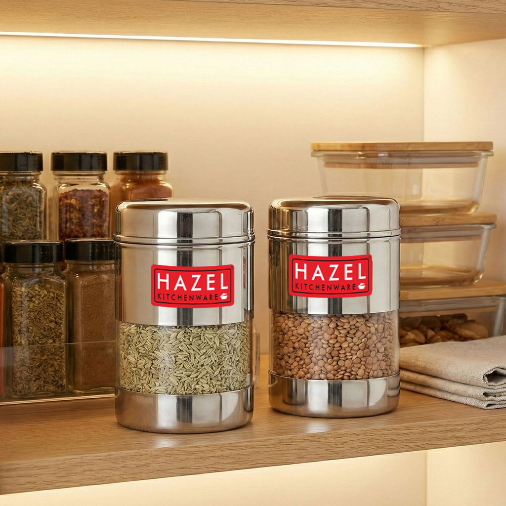 Airtight Stainless Steel Mukhwas Container with Transparent Lid, 170ml - Set of 2