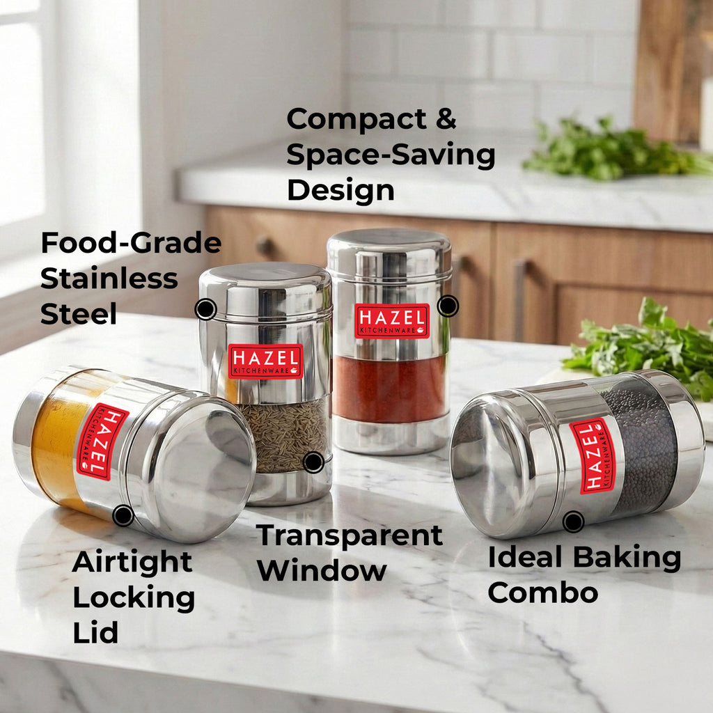 Airtight Stainless Steel Mukhwas Container with Transparent Lid, 170ml - Set of 4