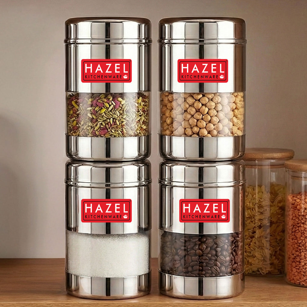 Airtight Stainless Steel Mukhwas Container with Transparent Lid, 170ml - Set of 4