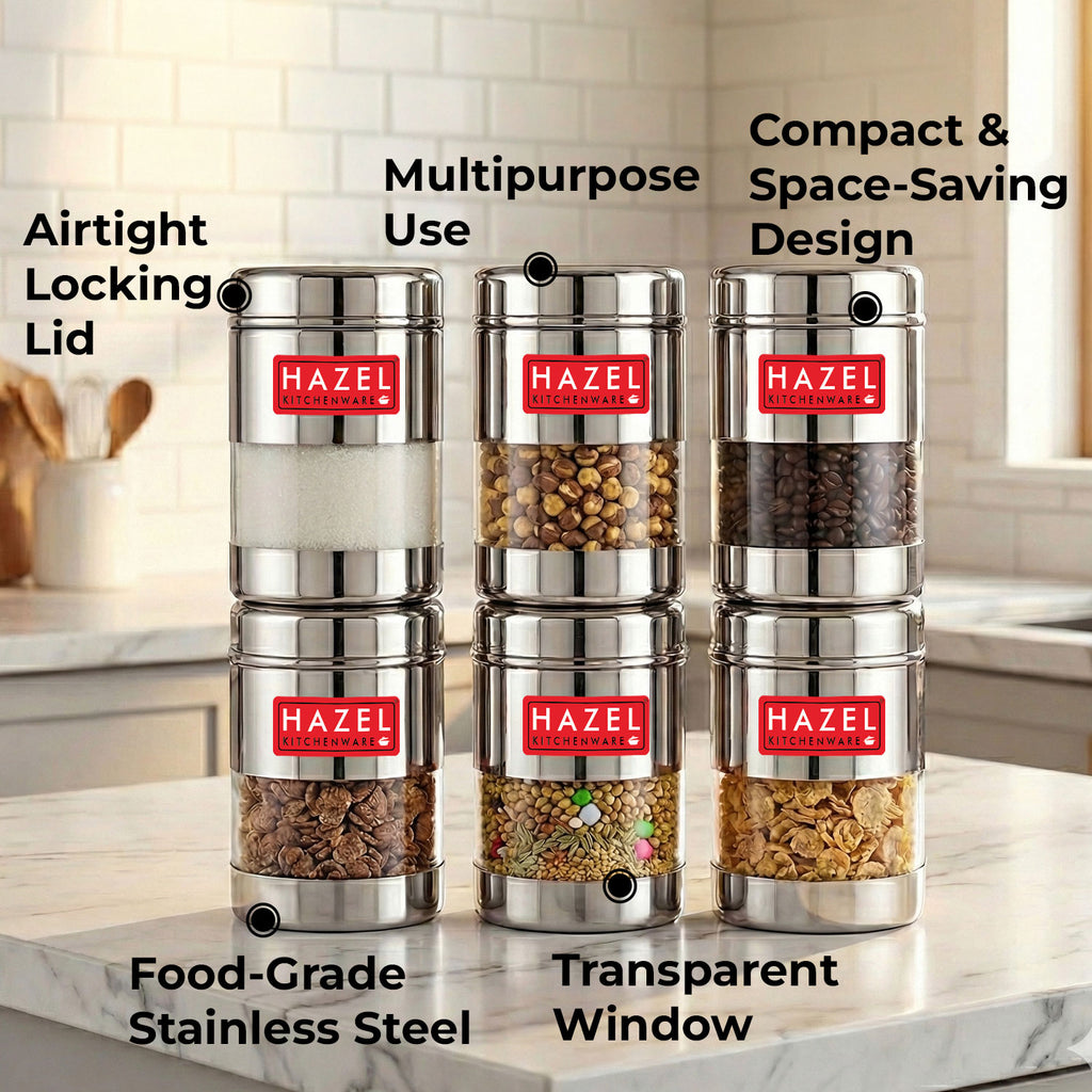 Airtight Stainless Steel Mukhwas Container with Transparent Lid, 170ml - Set of 6