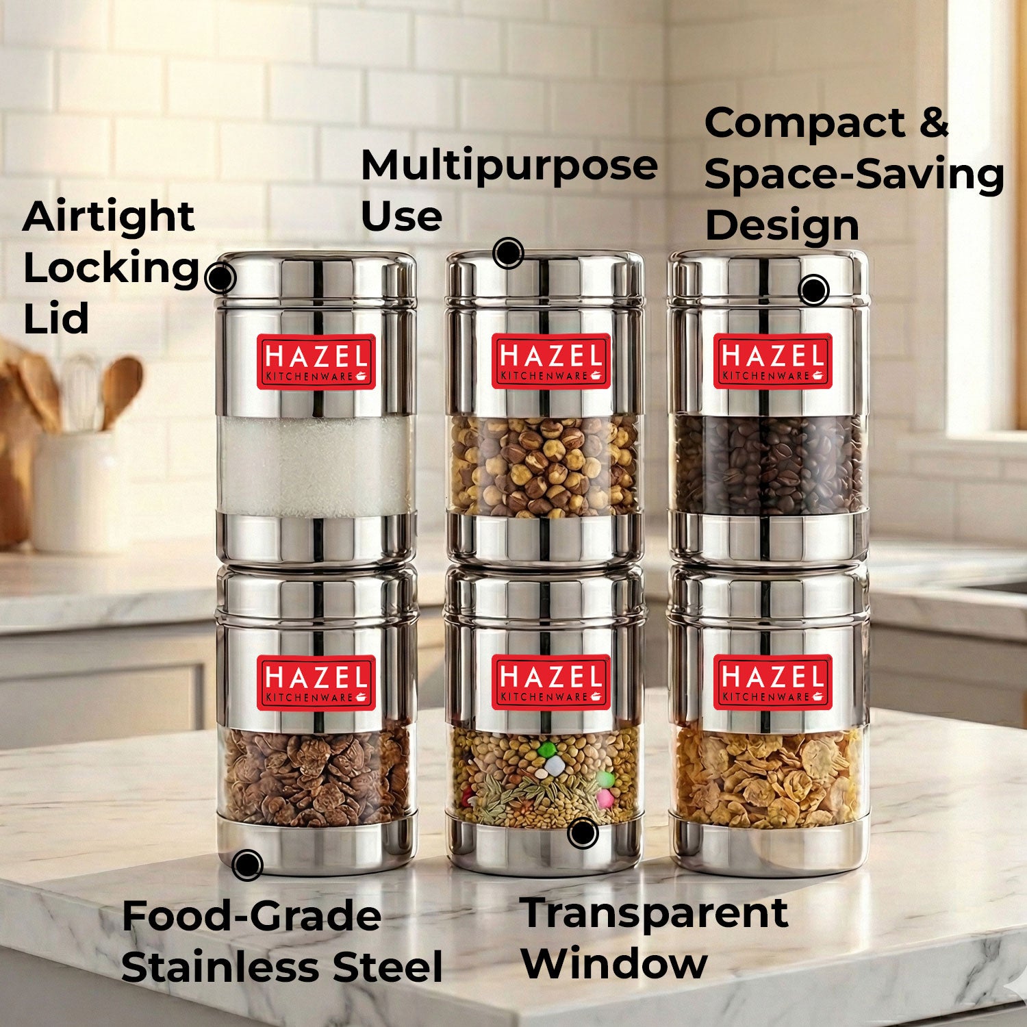 Airtight Stainless Steel Mukhwas Container with Transparent Lid