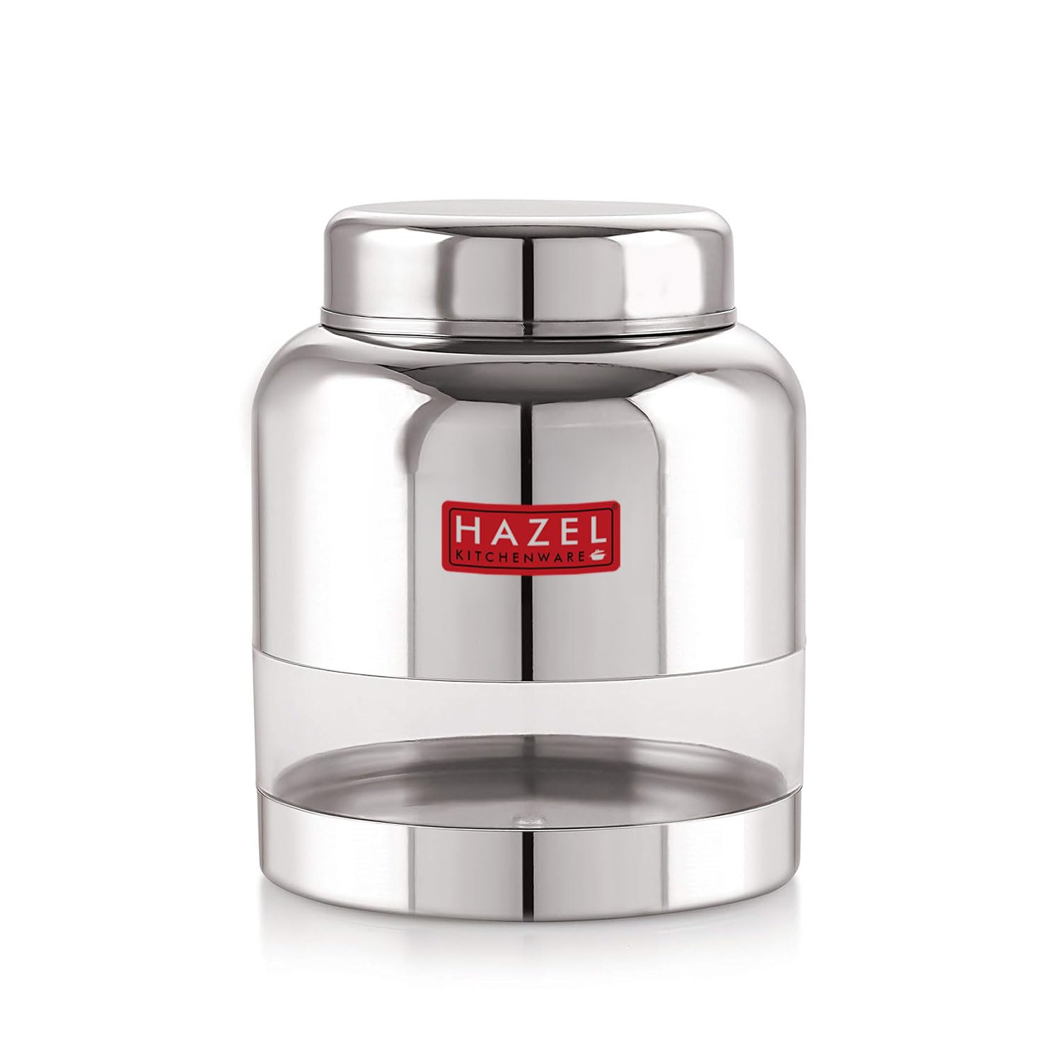 The stainless steel container filled with red lentils, lid removed and resting beside it, shown at an angle on a.