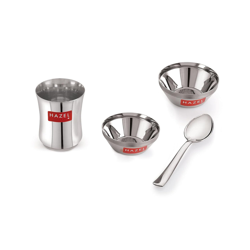 Stainless Steel Kids Dinner Set, Baby Plate, Bowl, Glass & Spoon