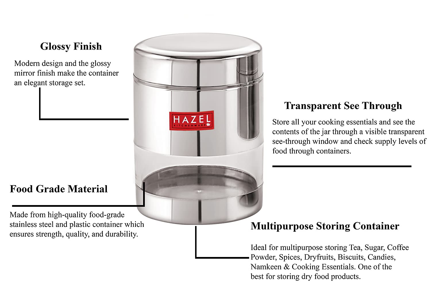 Stainless Steel Glossy Transparent Jars, 400 ML