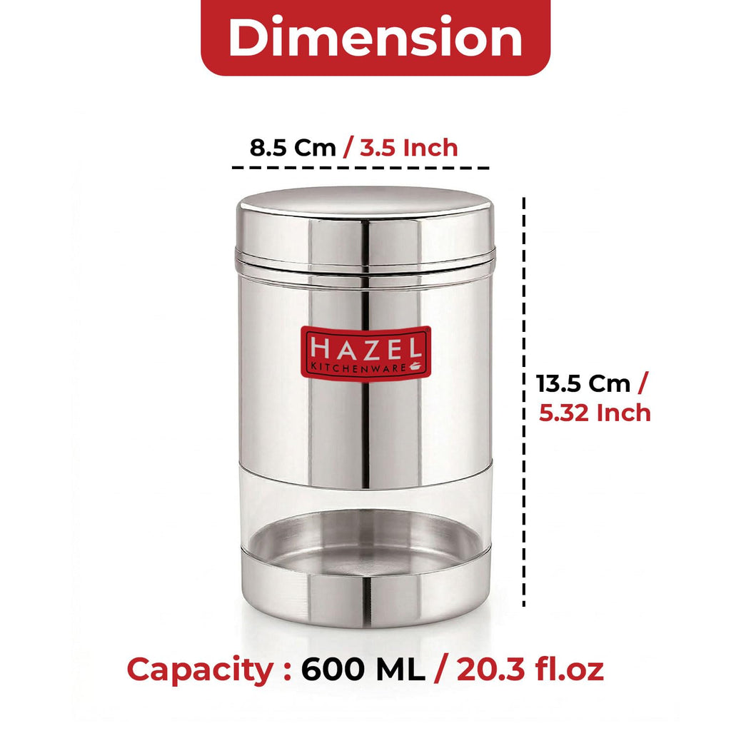 Dimension diagram of the container showing 13.5 cm height, 8.5 cm width, and 600 ml capacity with weight specs listed below.