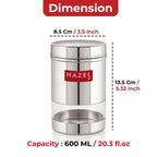 Dimension diagram of the container showing 13.5 cm height, 8.5 cm width, and 600 ml capacity with weight specs listed below.