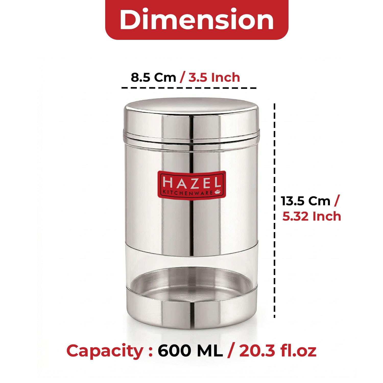 Dimension diagram of the container showing 13.5 cm height, 8.5 cm width, and 600 ml capacity with weight specs listed below.