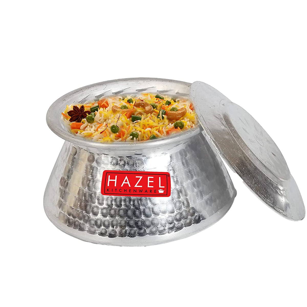 Aluminium hammered kadai filled with a biryani-style rice dish, lid separated beside it, on a white background.