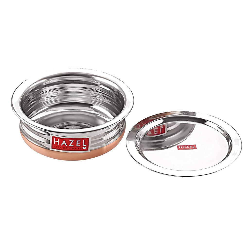 Copper Bottom Urli With Lid - Set of 3 (800ML, 1200ML, 1600ML) in an angled product photograph.