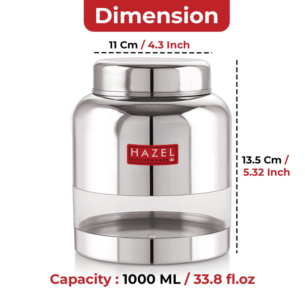 Dimension diagram of the container showing 11 cm diameter, 13.5 cm height, 1000 ml capacity, and 900 gms rice capacity.