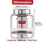 Dimension diagram of the container showing 11 cm diameter, 13.5 cm height, 1000 ml capacity, and 900 gms rice capacity.
