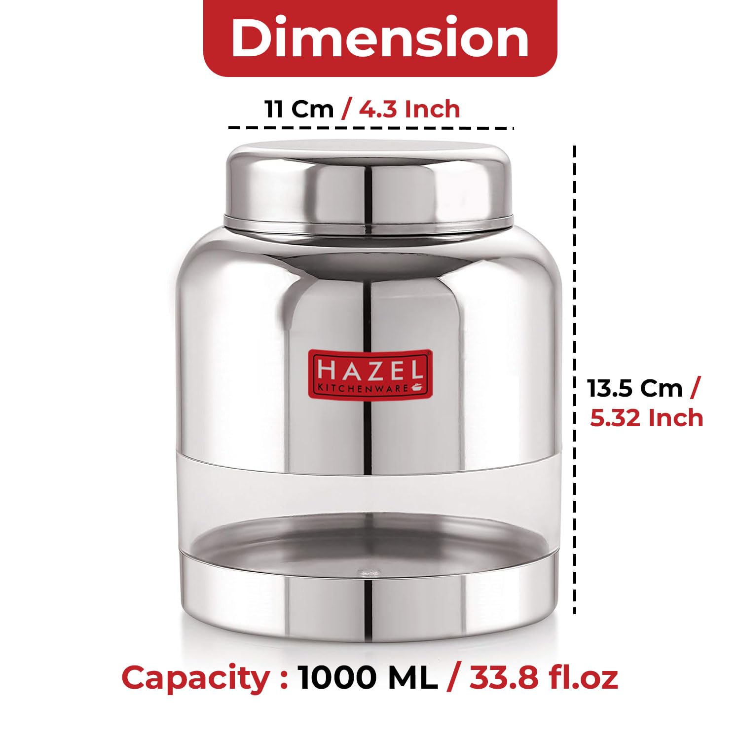 Dimension diagram of the container showing 11 cm diameter, 13.5 cm height, 1000 ml capacity, and 900 gms rice capacity.