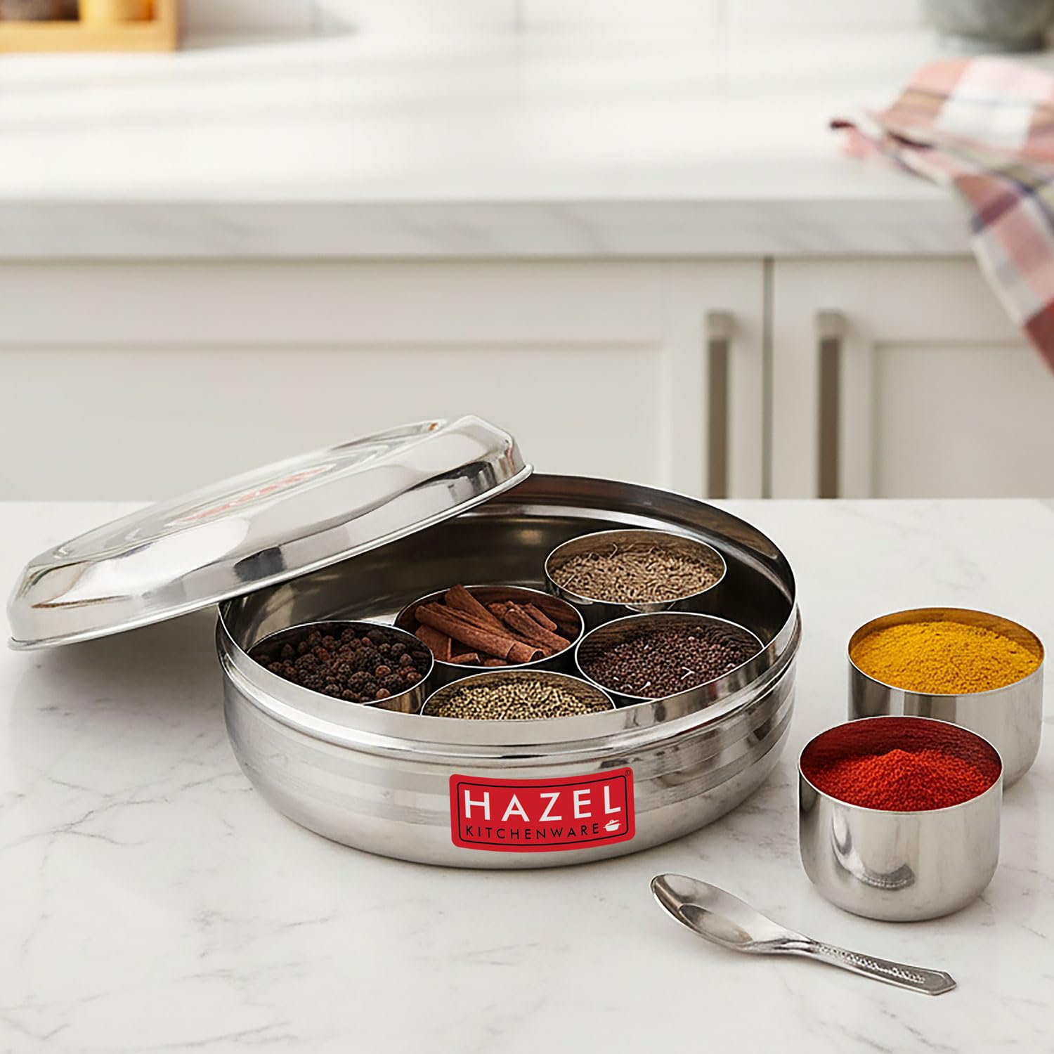 Stainless Steel Masala Dabba with Airtight Lid, 7 Containers and 1 Spoon