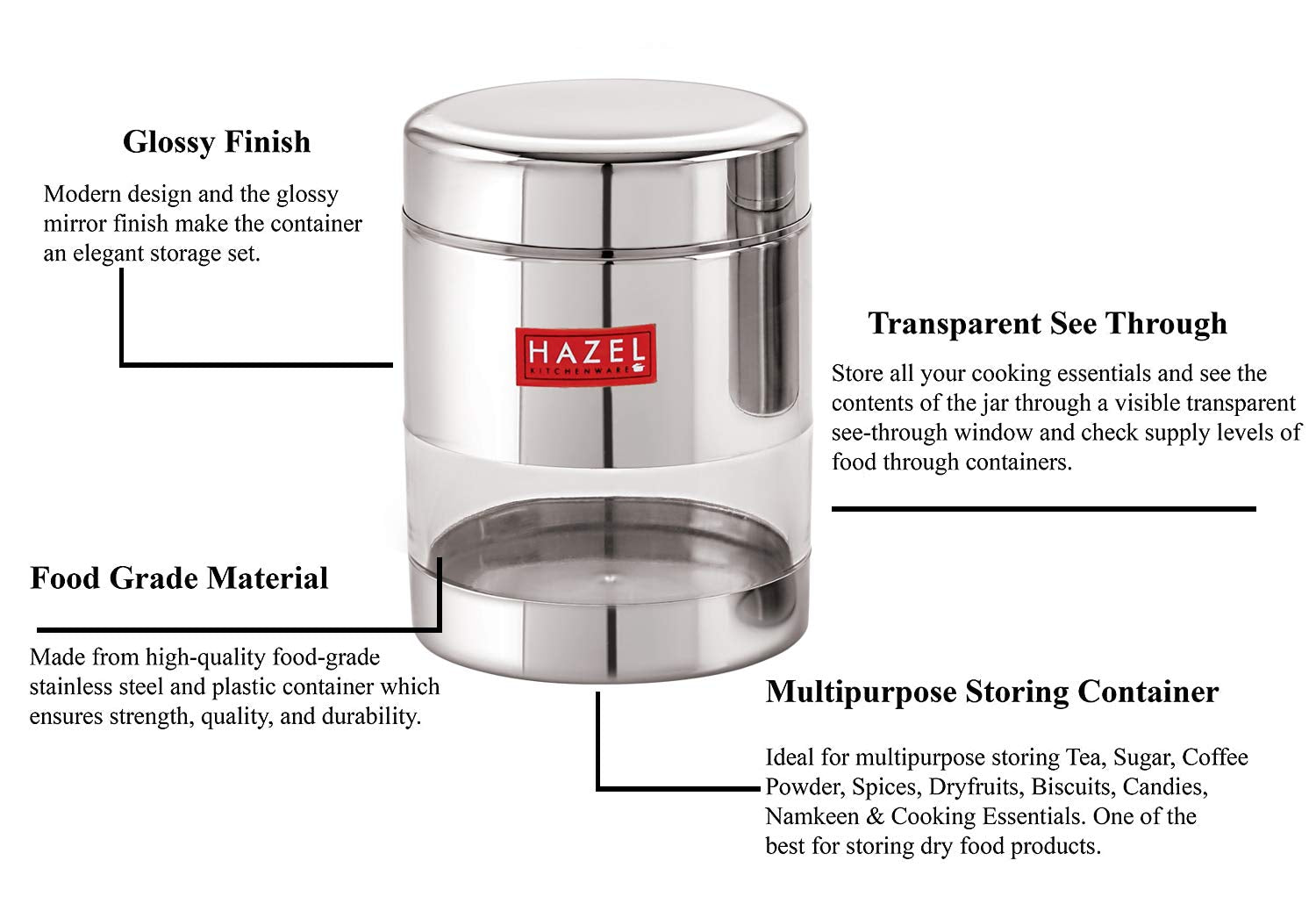 Stainless Steel Transparent Container, Glossy Finish - 500ML