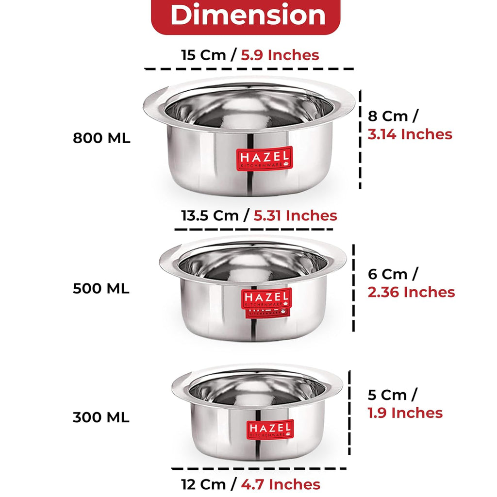 Mini Stainless Steel Flat Bottom Patila/Tope - Set of 3 (350ML,500ML, 800ML)
