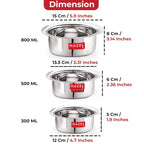 Mini Stainless Steel Flat Bottom Patila/Tope - Set of 3 (350ML,500ML, 800ML)