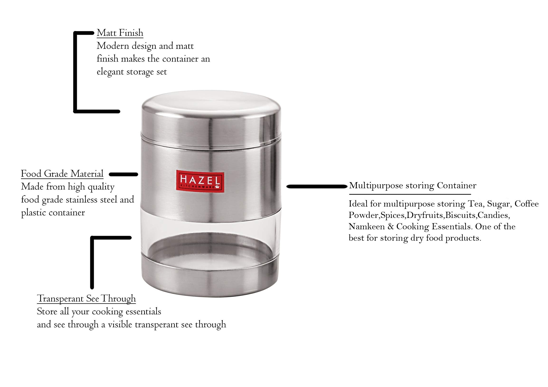 Stainless Steel Transparent Container Set , Matte Finish, Set of 6 -500ML Each