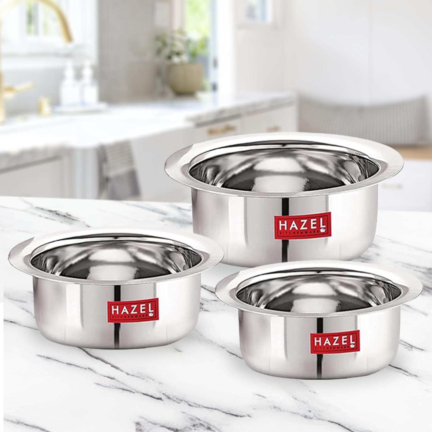 Mini Stainless Steel Flat Bottom Patila/Tope - Set of 3 (350ML,500ML, 800ML)