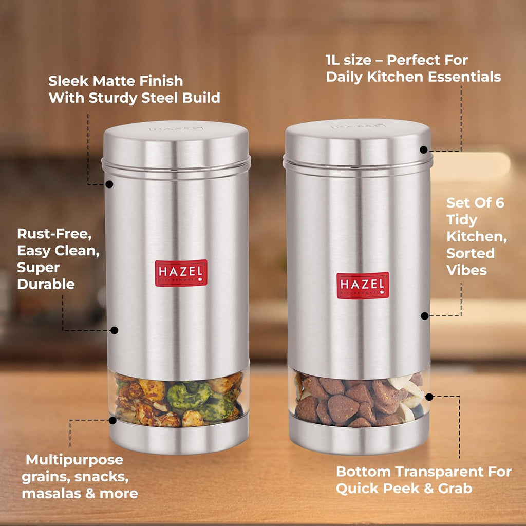 Stainless Steel Transparent Airtight Containers Set of 6 – 1 Ltr Each