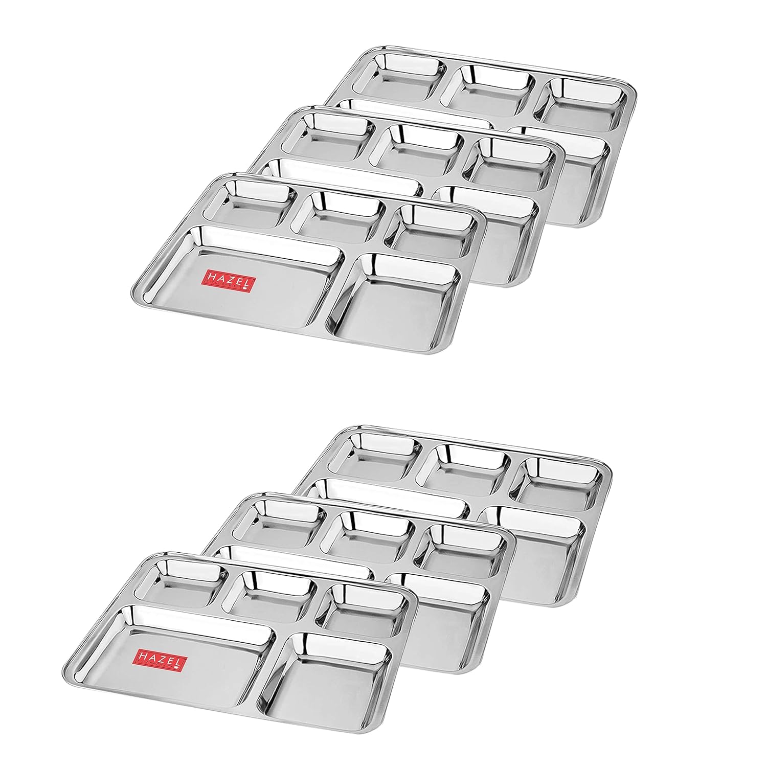 Rectangle Stainless Steel 5 Compartment Mess Plate, Set of 6