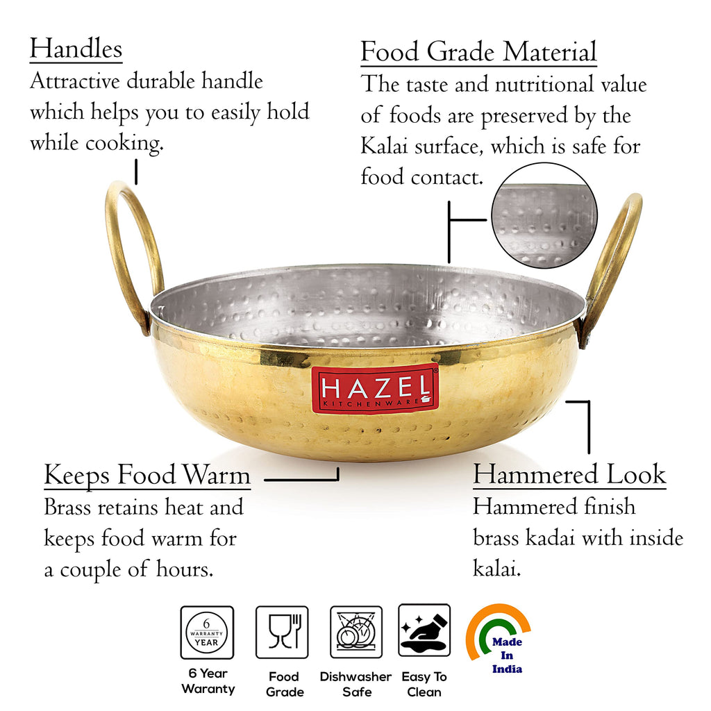 100% Brass  Hammered Pital Kadhai with Handle 1600 ML, 20 cm