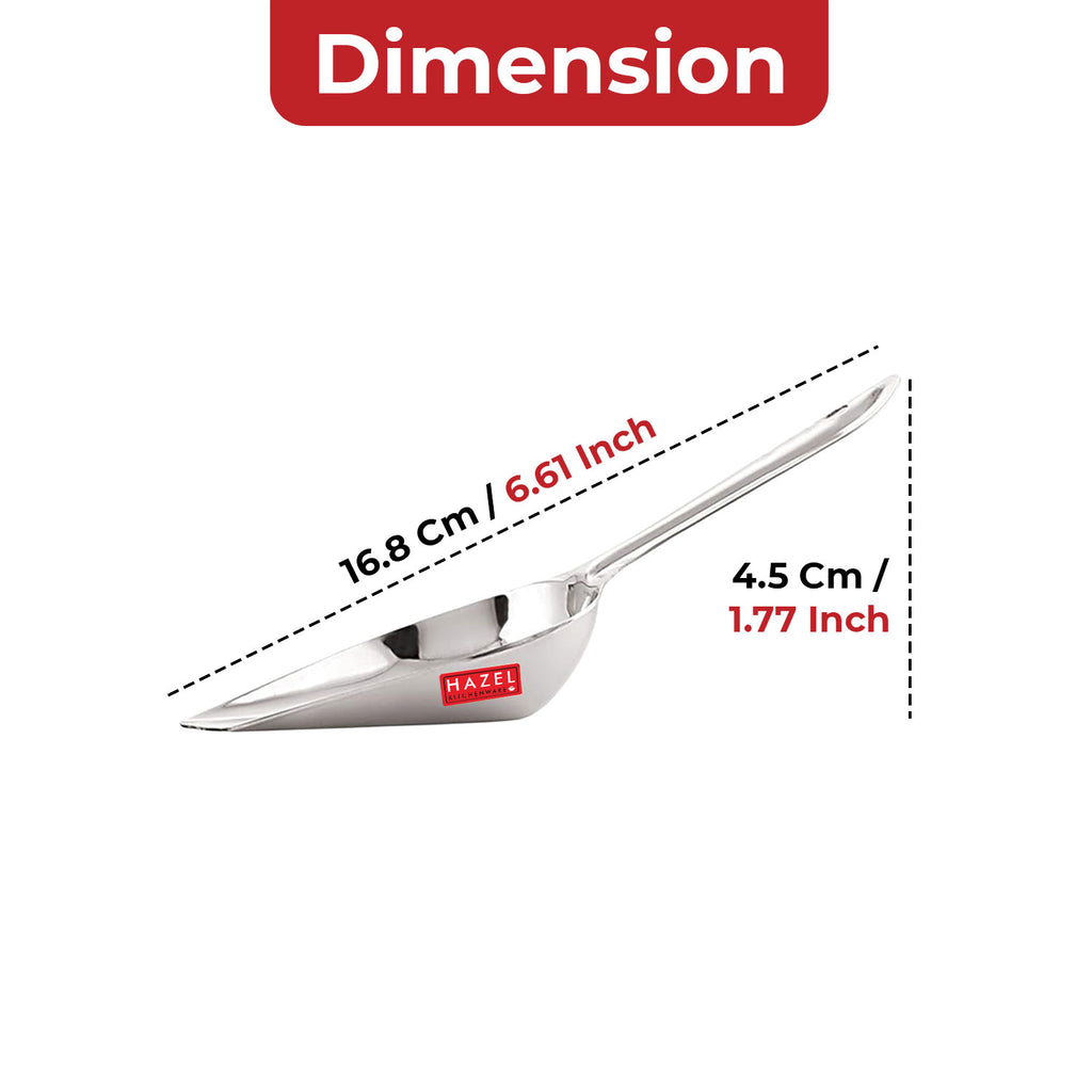 Graphic labeling the scoop's punch hole design, firm handle, heavy duty rim, smooth edges, and dishwasher safe features.