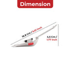 Graphic labeling the scoop's punch hole design, firm handle, heavy duty rim, smooth edges, and dishwasher safe features.