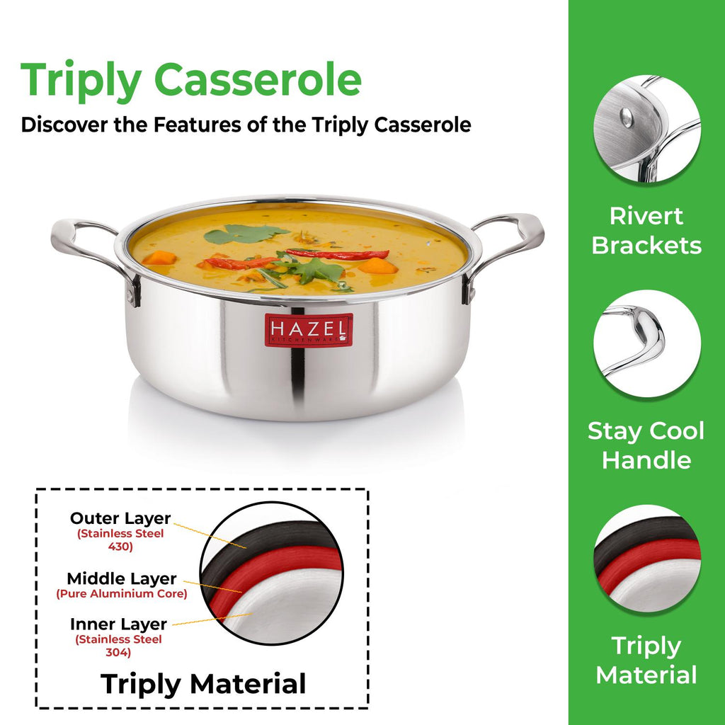 Triply Stainless Steel Induction Bottom Shallow Casserole Tope with Handle, 5000 ml, 28.3 cm