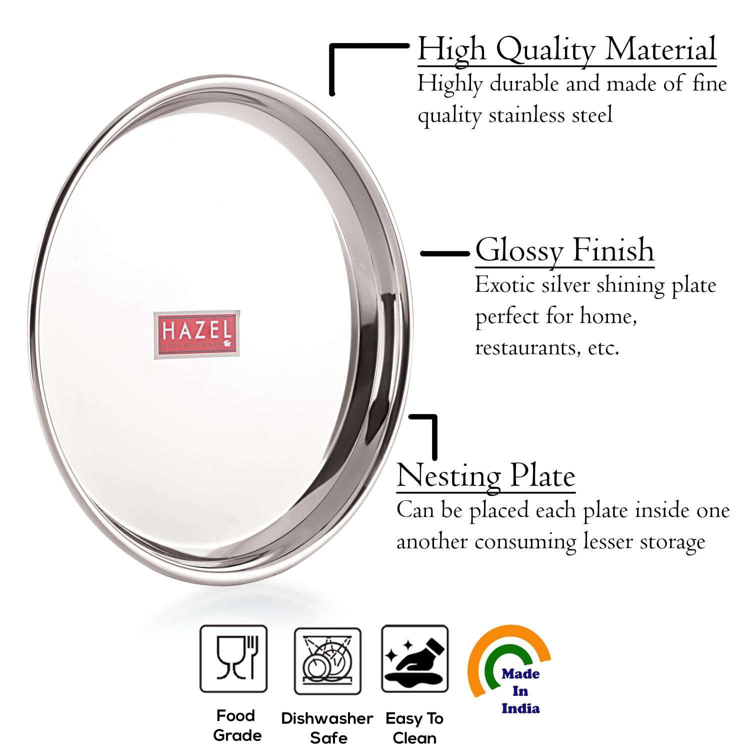 Stainless Steel Dinner Thali Plate, 26.5 cm Bhojan Plate, Set of 1