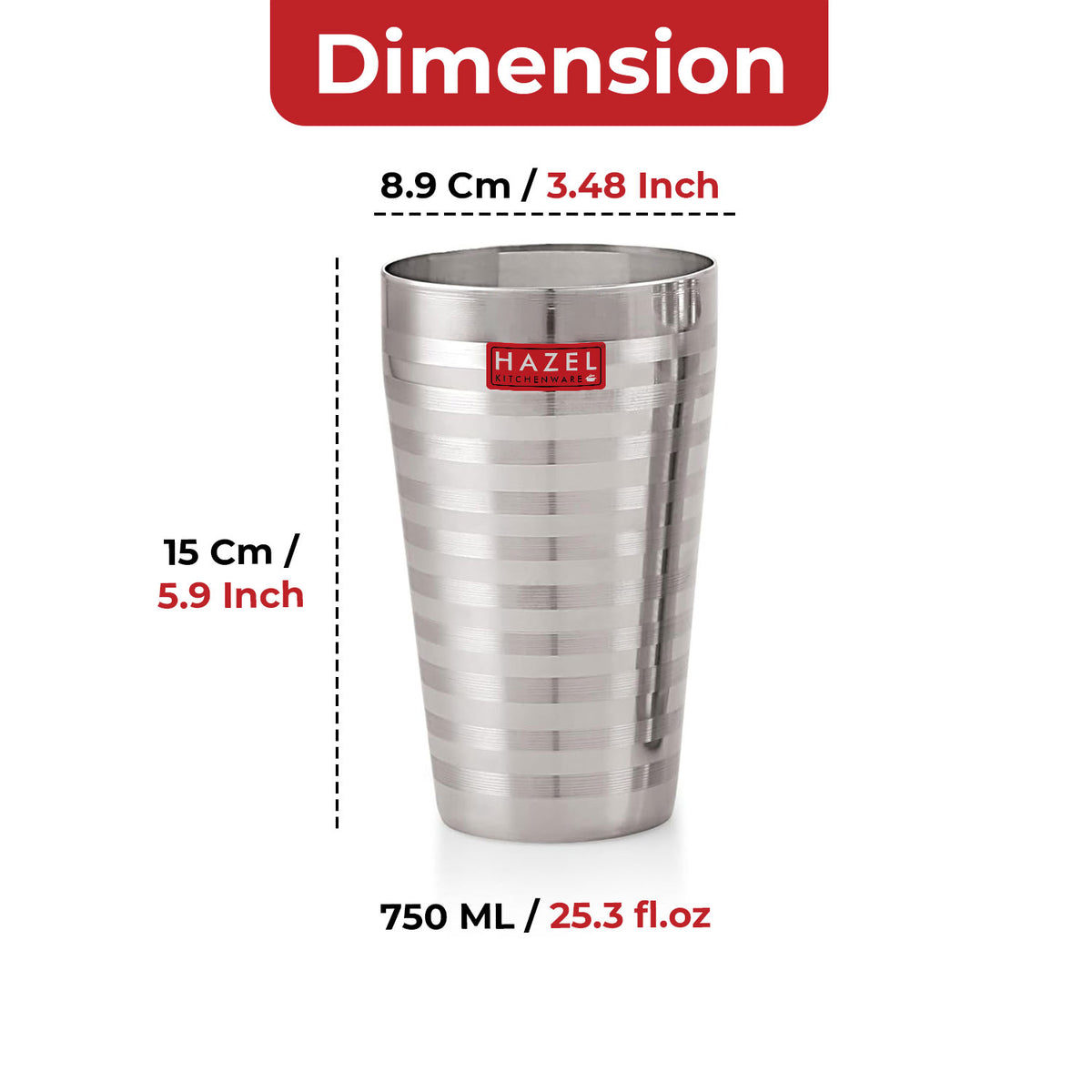 labeling glass features: odour and stain free, designer steel glass, serving purpose, easy to clean, with icons.