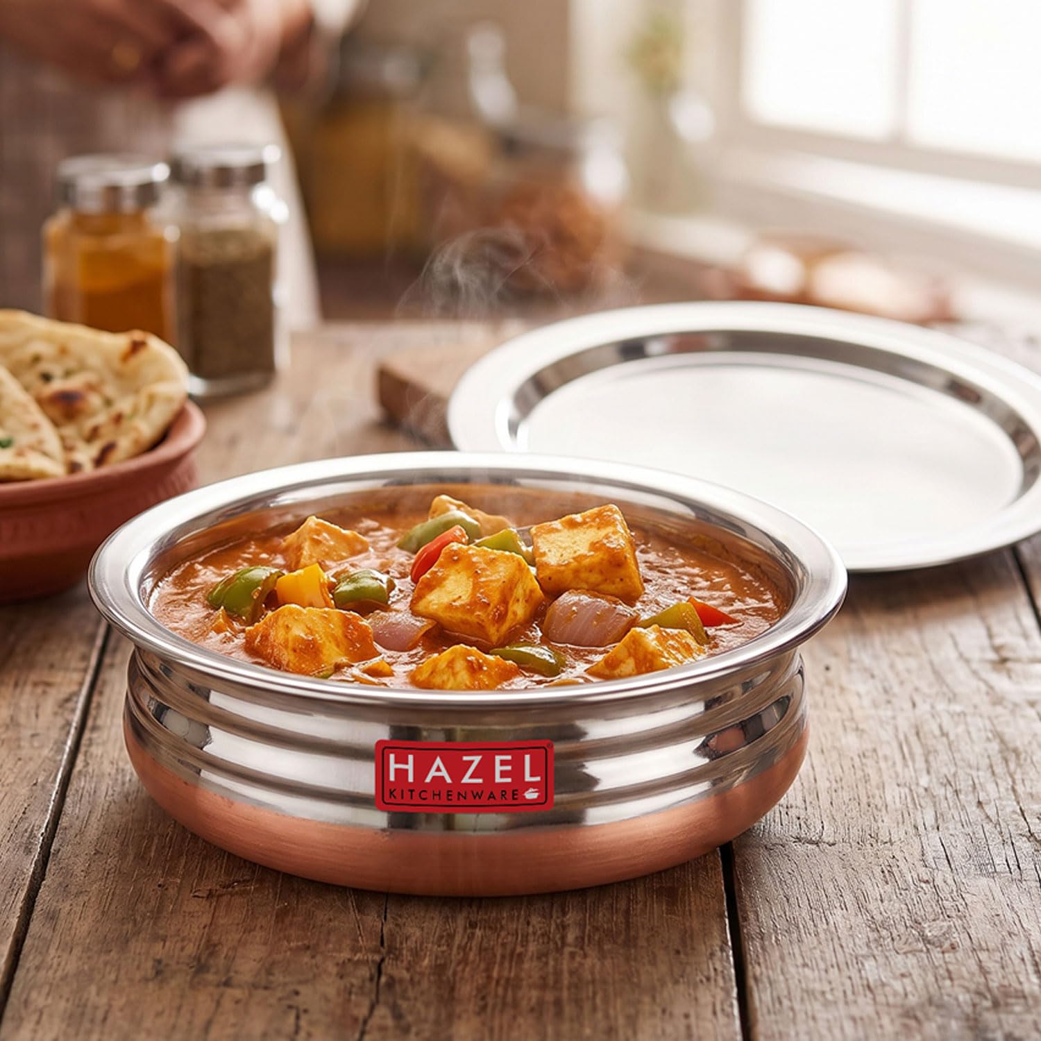 Stainless Steel Copper Bottom Urli Handi with Lid, Durable Cooking Pot