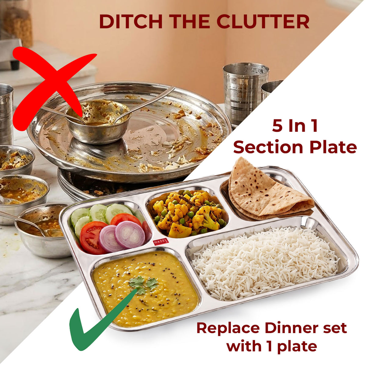Rectangle Stainless Steel 5 Compartment Mess Plate
