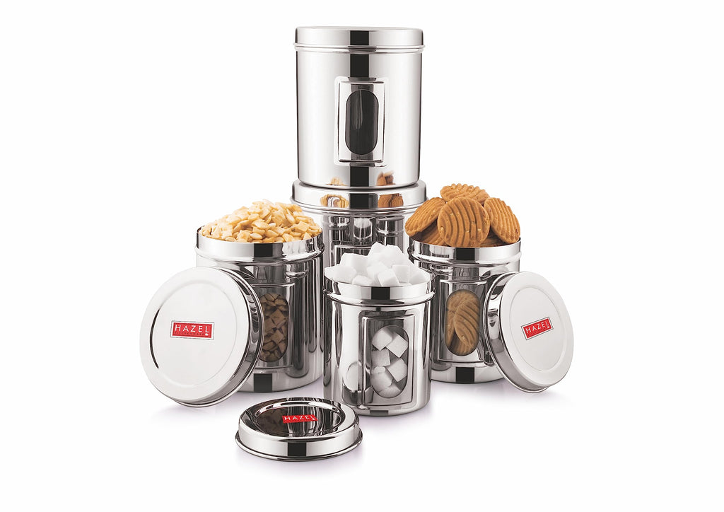 Steel Transparent Storage Containers Set of 5, Kitchen Jars for Grains