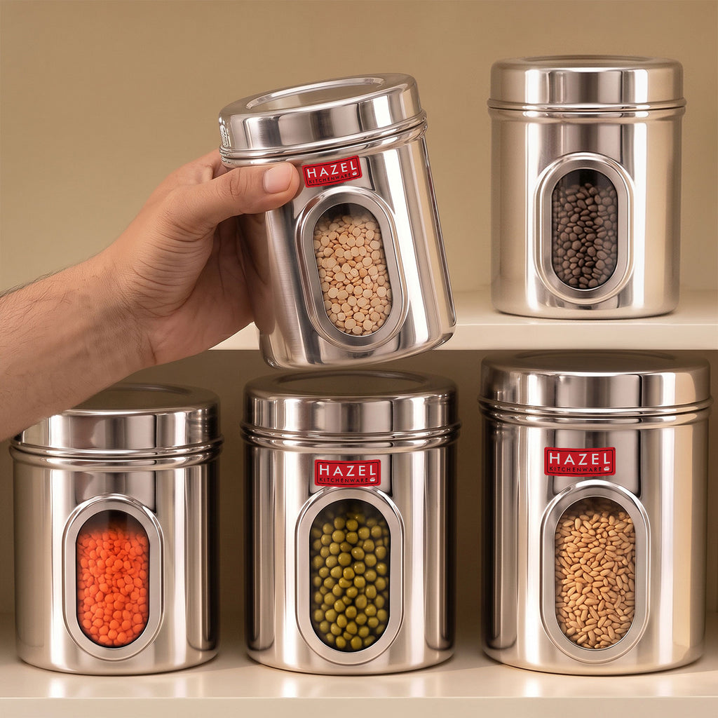 Steel Transparent Storage Containers, Kitchen Jars for Grains, Set of 5