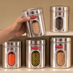 Steel Transparent Storage Containers, Kitchen Jars for Grains, Set of 5