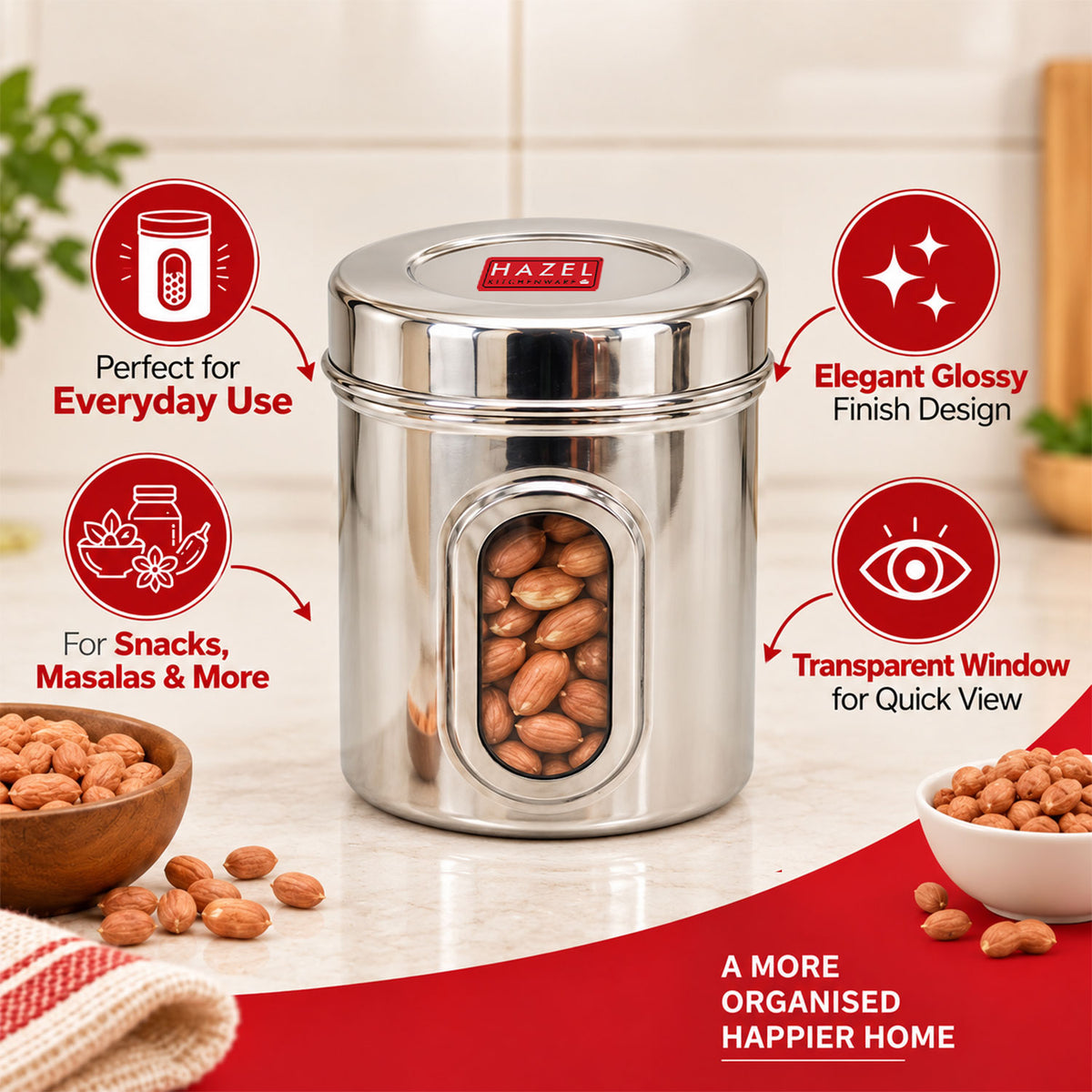 Steel Transparent Storage Containers, Kitchen Jars for Grains, Set of 5