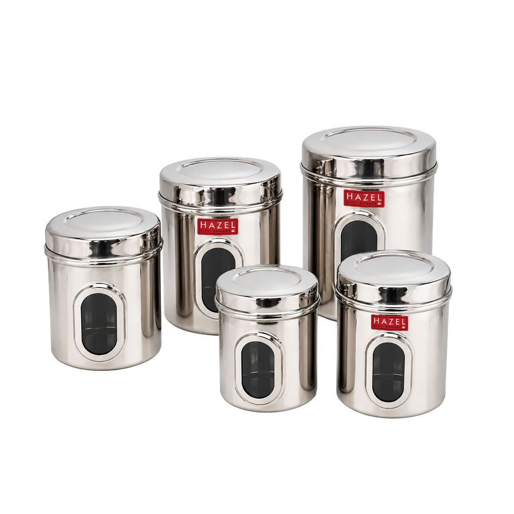 Steel Transparent Storage Containers, Kitchen Jars for Grains, Set of 5