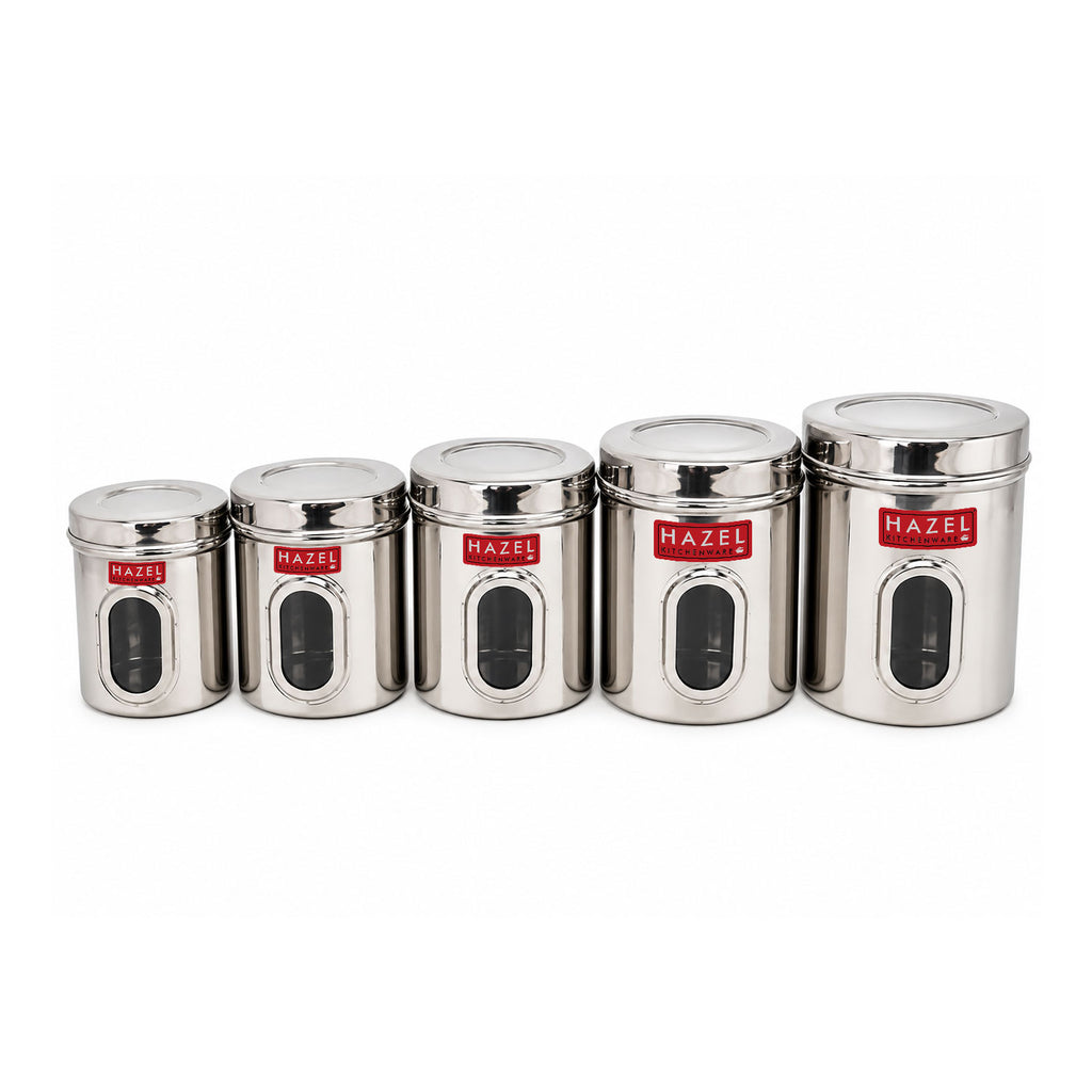 Steel Transparent Storage Containers, Kitchen Jars for Grains, Set of 5