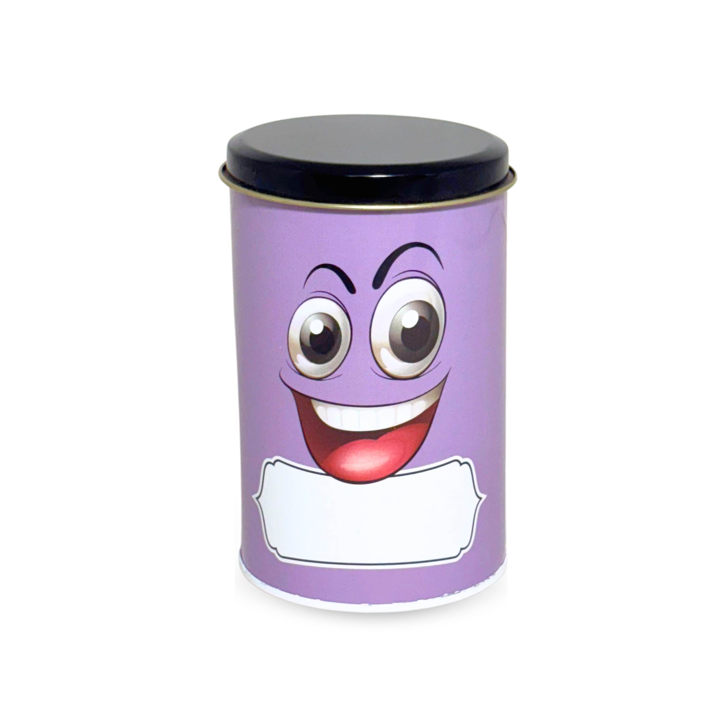 Emoji Printed Tin Container Purple, Airtight Snack Storage Jar, 490 ml