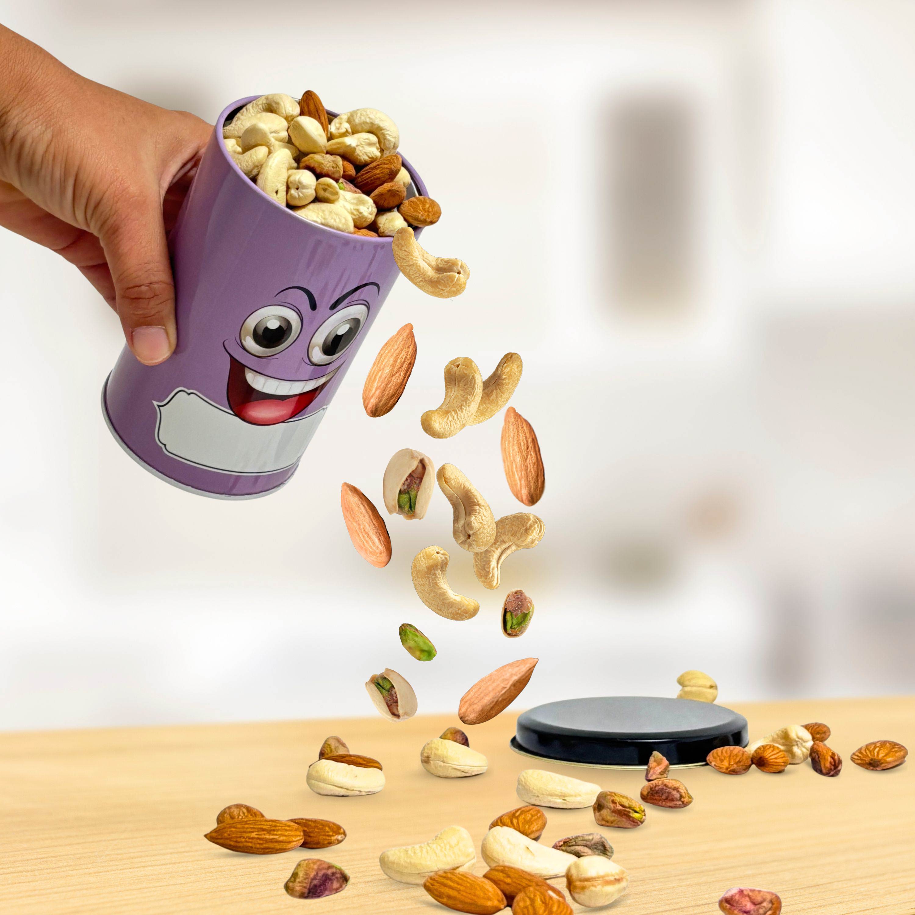 Emoji Printed Tin Container Purple, Airtight Snack Storage Jar, 490 ml