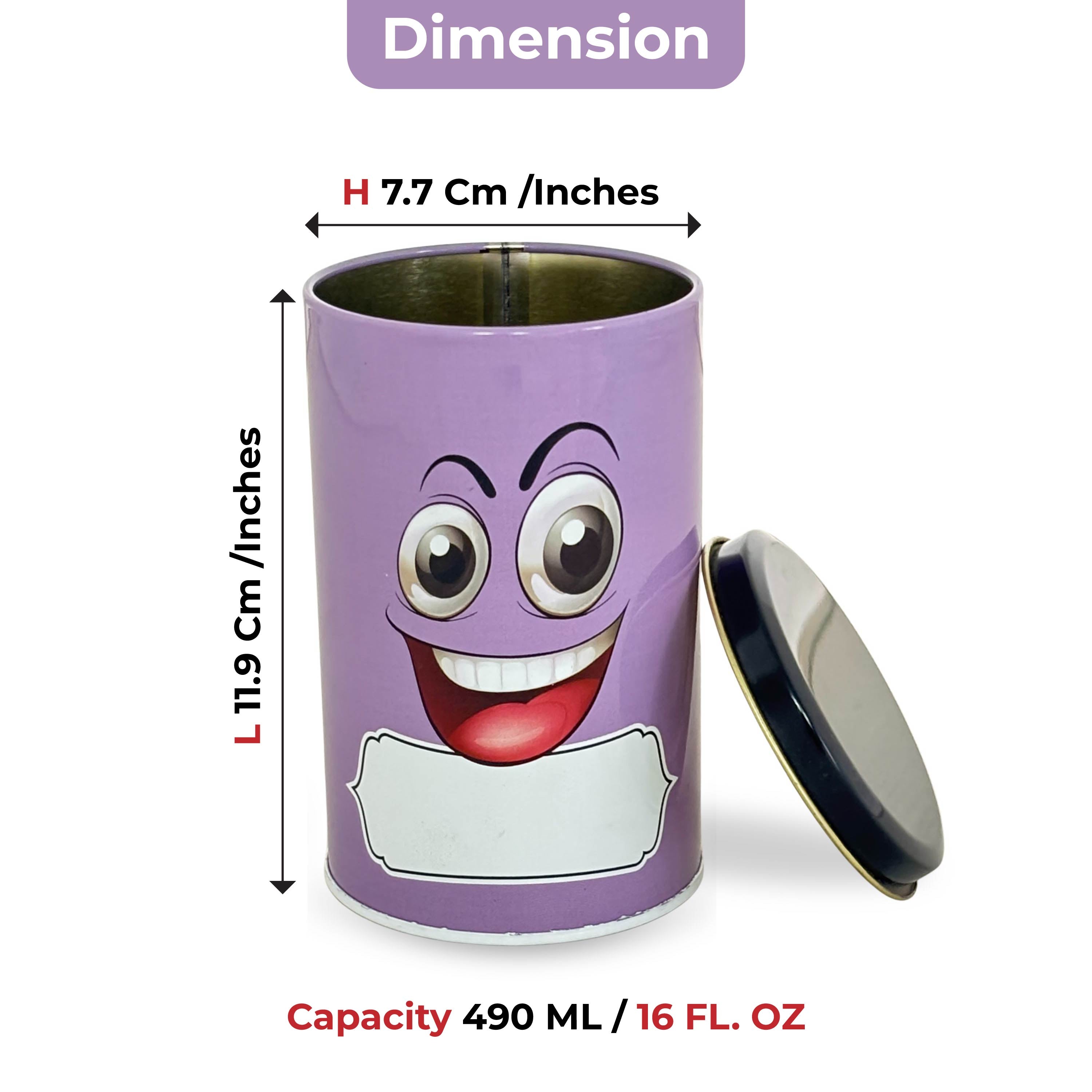 Emoji Printed Tin Container Purple, Airtight Snack Storage Jar, 490 ml