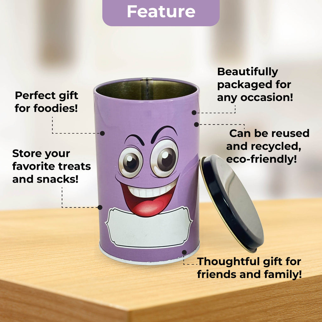 Emoji Printed Tin Container Purple, Airtight Snack Storage Jar, 490 ml